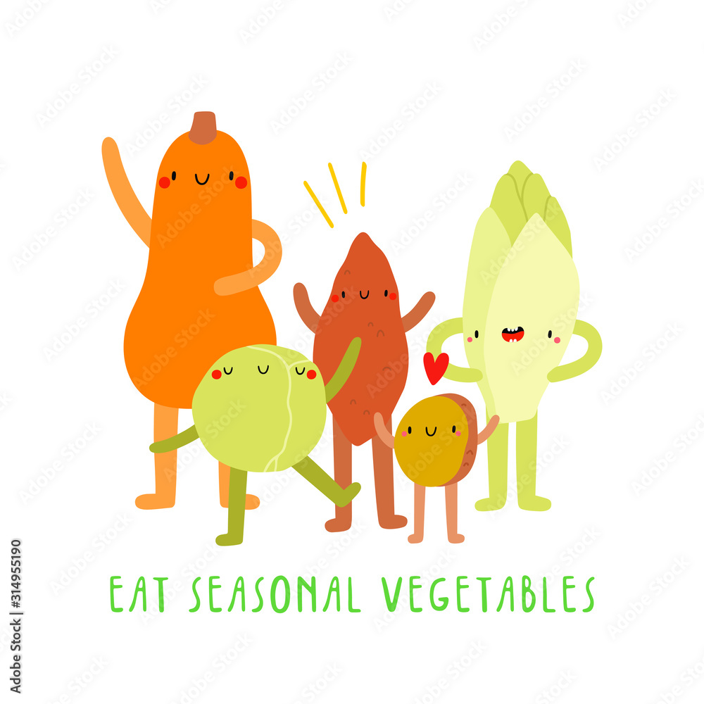 Vecteur Stock Eat Seasonal Vegetables super cute vector illustration with group of winter