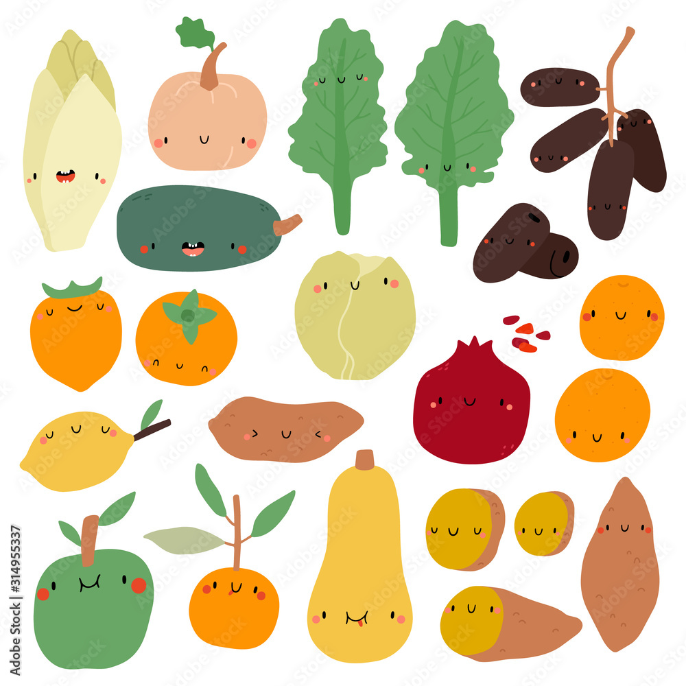 Super cute vector seasonal Fruits and Vegetables collection. Hand drawn Food  in cartoon style. Winter Fruits and Vegetables set. Stock Illustration |  Adobe Stock