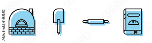 Set line Rolling pin , Brick stove , Spatula and Cookbook icon. Vector