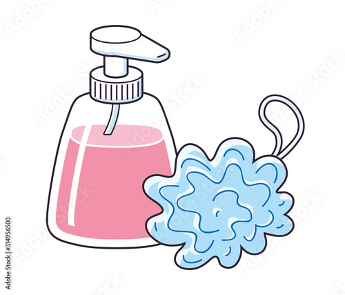 Liquid soap bottle and soft bath puff isolated