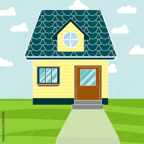 Children's toy cute house. Background of the house. House with lawn and path. Family home. Flat design vector concept illustration. Cute baby house for boy