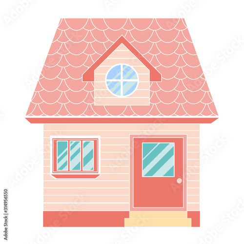A cute pink children's house for a girl. Children's toy cute house. Background of the house. House with lawn and path. Family home. Flat design vector concept illustration