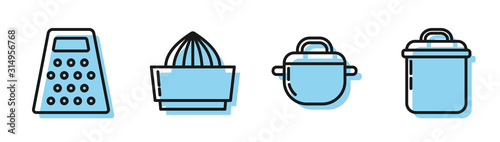 Set line Cooking pot , Grater , Citrus fruit juicer and Cooking pot icon. Vector