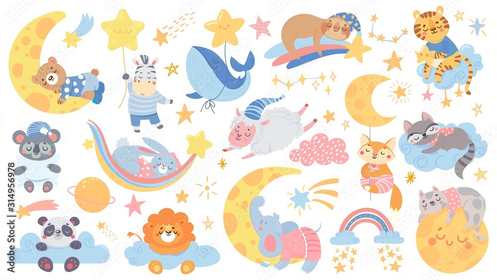 Isolated set with cute sleeping animal. Collection with stars, moon and cloud. Sweet dream. Good night. Pajamas party with pillow. Vector illustration Isolated set with cute sleeping animal. Collection with stars, moon and cloud. Sweet dream. Good night. Pajamas party with pillow. Vector illustration