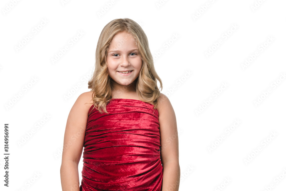Little girl posing with red velvet dress on white background Little girl posing with red velvet dress on white background