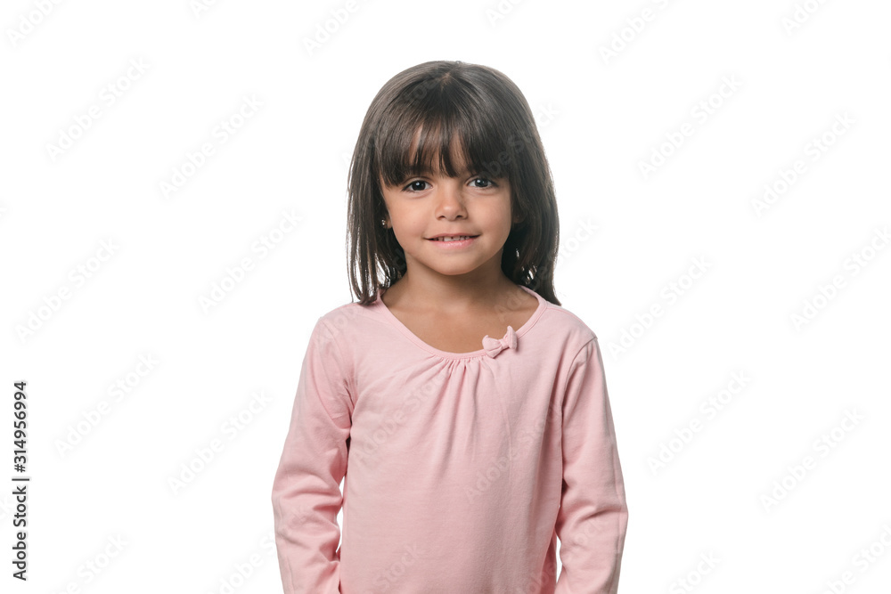 Portrait of a little brunette girl posing isolated on white background. Portrait of a little brunette girl posing isolated on white background.