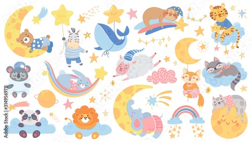 Fototapeta Naklejka Na Ścianę i Meble -  Isolated set with cute sleeping animal. Collection with stars, moon and cloud. Sweet dream. Good night. Pajamas party with pillow. Vector illustration