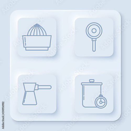 Set line Citrus fruit juicer , Frying pan , Coffee turk and Cooking pot and kitchen timer . White square button. Vector