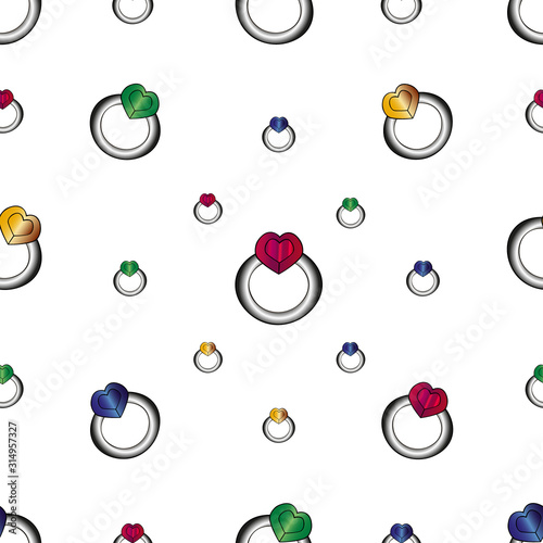 Pattern of rings with precious stones. Colorless background. Romantic ornament. Idea for cover, wallpaper, baby clothes, fabric. Vector. Illustration for Valentine day. Holiday print.