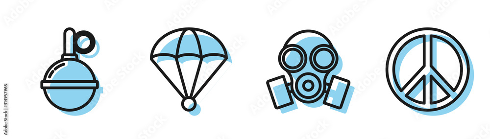 Fototapeta Set line Gas mask , Hand grenade , Parachute and Peace icon. Vector