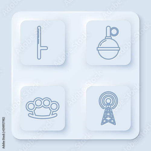 Set line Police rubber baton , Hand grenade , Brass knuckles and Radar . White square button. Vector