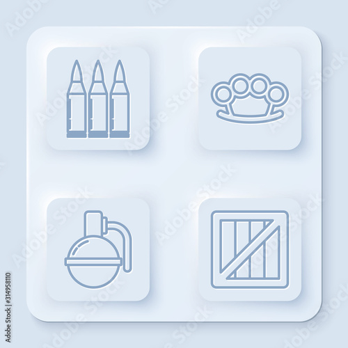 Set line Bullet , Brass knuckles , Hand grenade and Military ammunition box. White square button. Vector