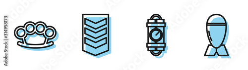 Set line Detonate dynamite bomb stick and timer clock, Brass knuckles , Military rank and Aviation bomb icon. Vector