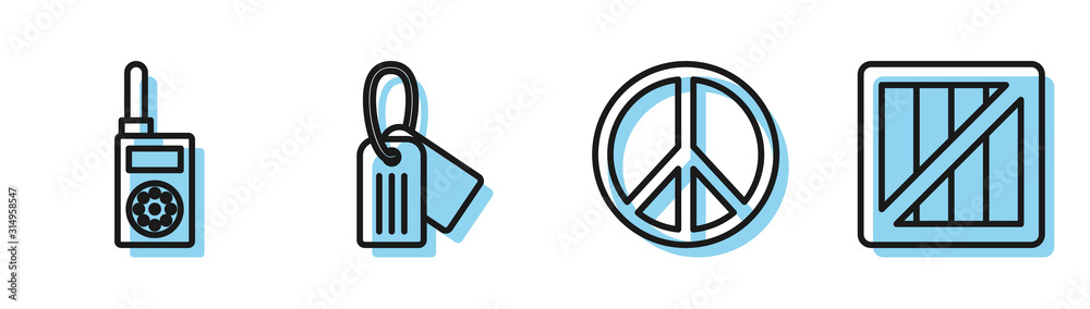 Fototapeta Set line Peace , Walkie talkie , Military dog tag and Military ammunition box icon. Vector
