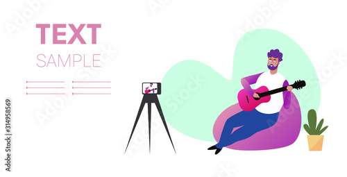 musical blogger playing guitar live streaming blogging concept guitarist sitting on beanbag recording video with camera on tripod copy space full length horizontal vector illustration