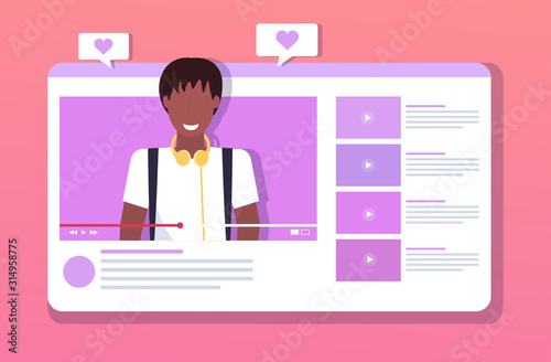african american man blogger streaming live heart shape likes notification from subscribers followers online video player social media network blogging concept portrait horizontal vector illustration
