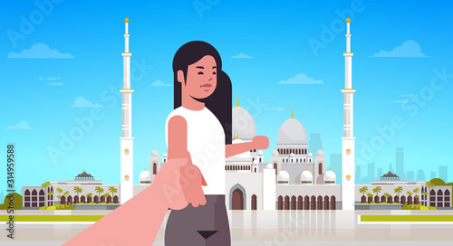 travelers taking follow me photo on background of nabawi mosque building live streaming traveling blogging concept tourists sightseeing muslim cityscape horizontal portrait vector illustration