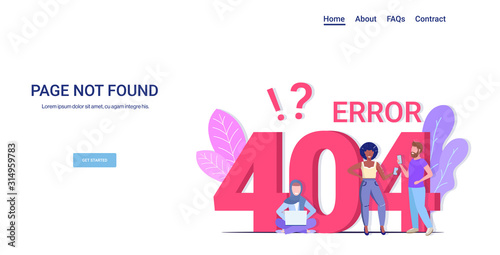 people using gadgets online app 404 page not found concept internet connection problem message website under construction horizontal copy space full length vector illustration