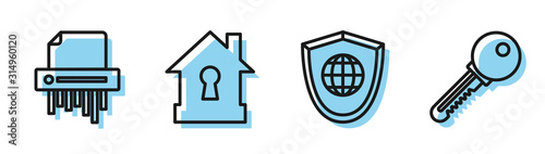 Set line Shield with world globe , Paper shredder confidential, House under protection and Key icon. Vector