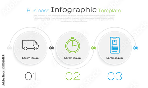 Set line Delivery cargo truck vehicle , Stopwatch and Mobile phone with app delivery tracking . Business infographic template. Vector