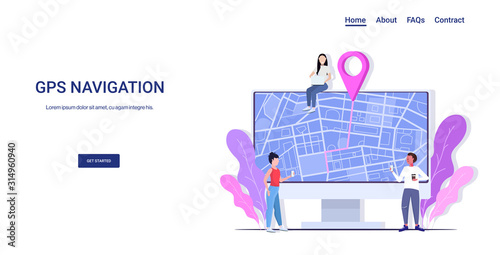 people using computer navigation app to get direction to destination address in city street travelers exploring route location pin GPS pointers on monitor screen full length horizontal copy space
