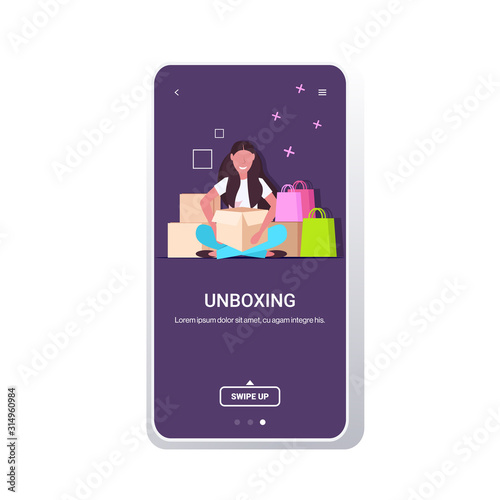 woman blogger opening parcel boxes recording unboxing video live streaming social media mail delivery shipment blogging concept full length smartphone screen mobile app copy space vector illustration