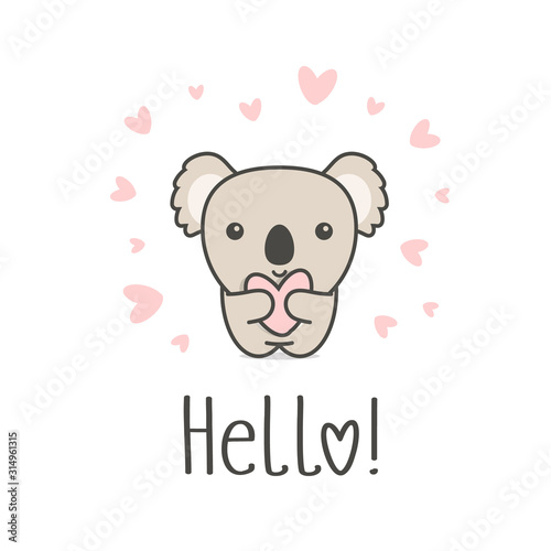 Cute animal with heart and Hello text. Smiling Koala and Love symbol on white background. Greeting card template for St. Valentines Day funny romantic vector illustration
