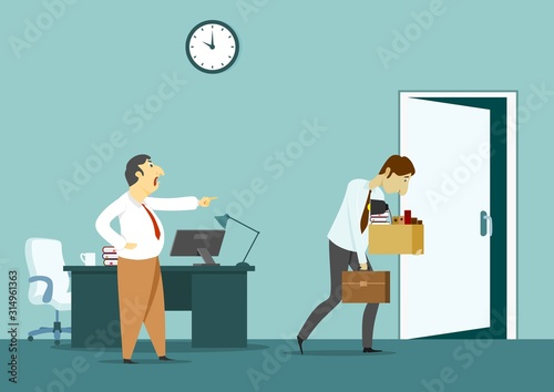 Dismissed frustrated business man carrying box with her things. Angry boss firing employee.