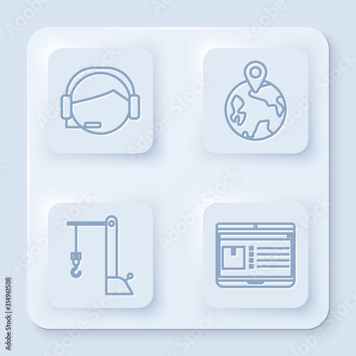 Set line Support operator in touch, Worldwide , Harbor port crane and Laptop with app delivery tracking . White square button. Vector