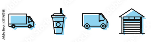 Set line Delivery cargo truck vehicle , Delivery cargo truck vehicle , Coffee cup and Closed warehouse icon. Vector