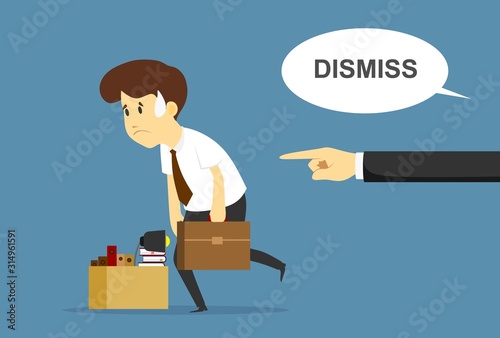 Dismissed frustrated business man carrying box with her things. Angry boss firing employee.