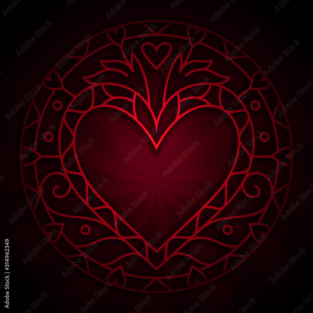Round mandala pattern with hearts interwoven in red ornament