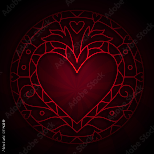 Round mandala pattern with hearts interwoven in red ornament