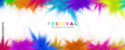 Colorful powder paint splash, color explosion decorative frame background template for music dj party, festival, holi, celebration event