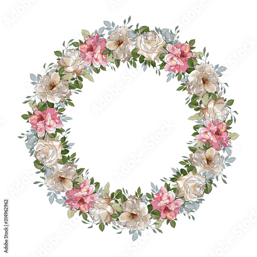 Fototapeta Naklejka Na Ścianę i Meble -  Beautiful wreath of cream and pink flowers roses and green leaves on white background. Copy space. Hand drawn. For valentines day greeting card design, wedding invitation. Vector illustration.