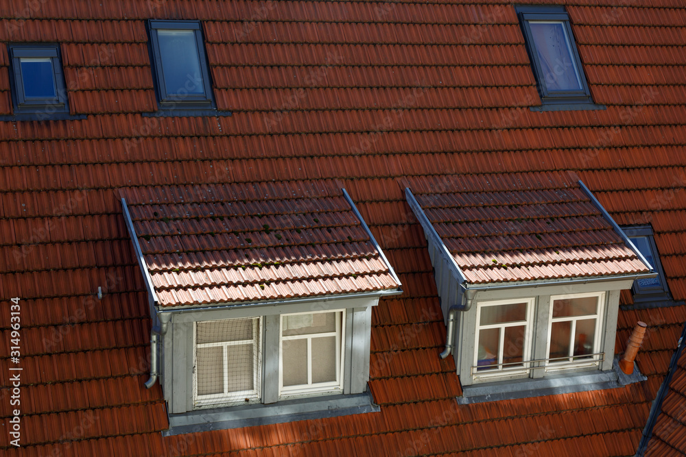 Roofs of European historic houses with skylights and orange tiles Roofs of European historic houses with skylights and orange tiles