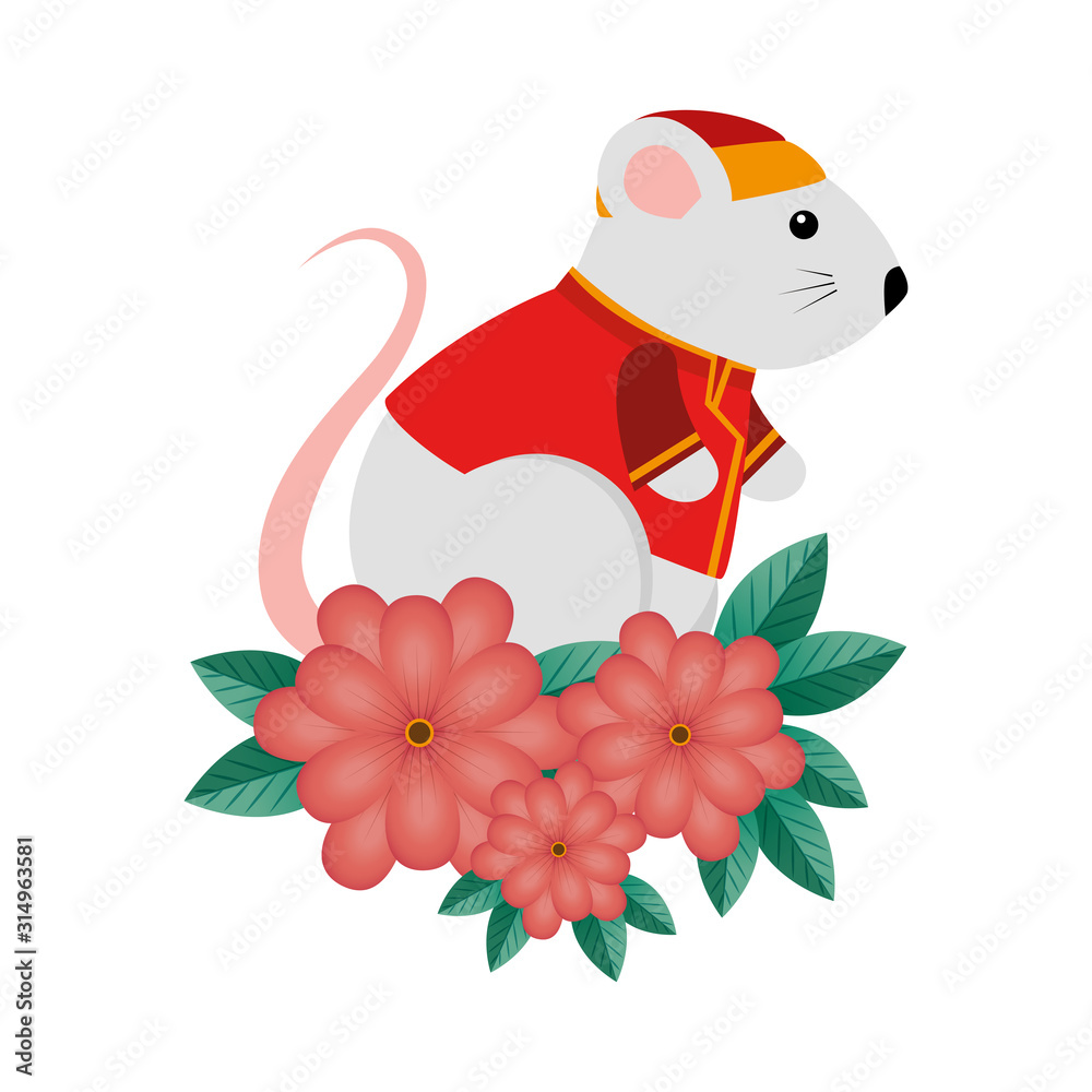 cute rodent rat with clothes chinese and flowers vector illustration design  Stock Vector | Adobe Stock