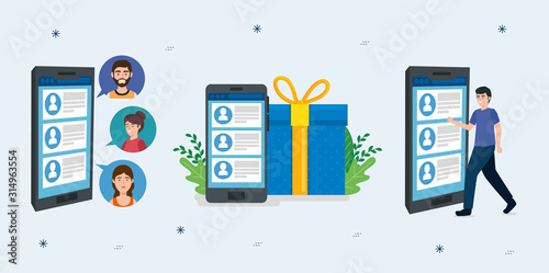 set smartphone with chat and icons