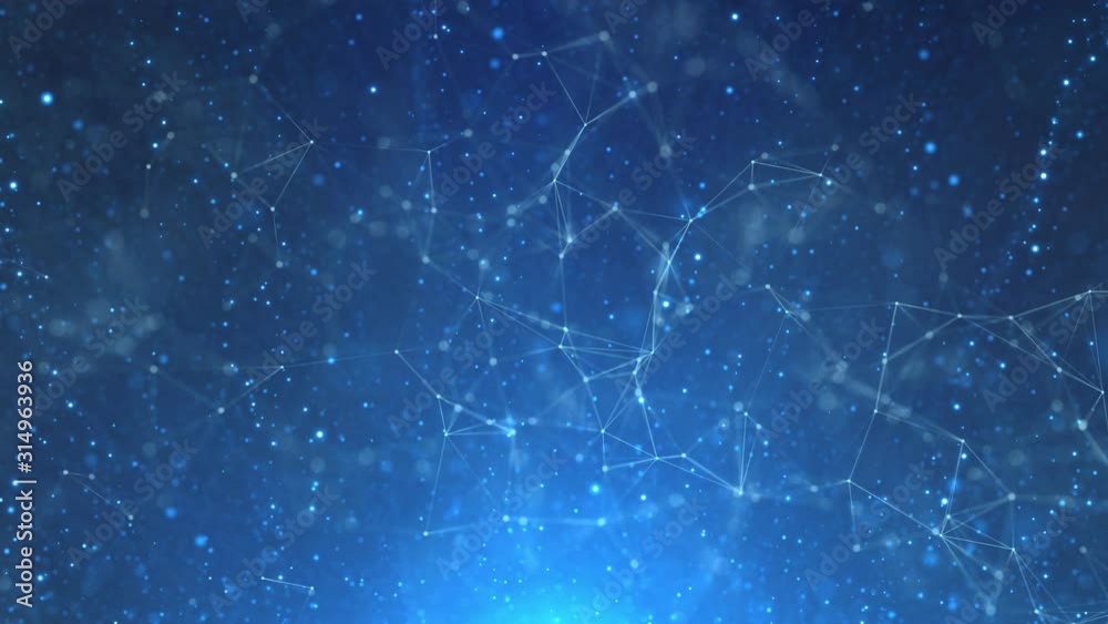 Loop features animated technology based shapes, connected white lines and blurry dots on a blue background.