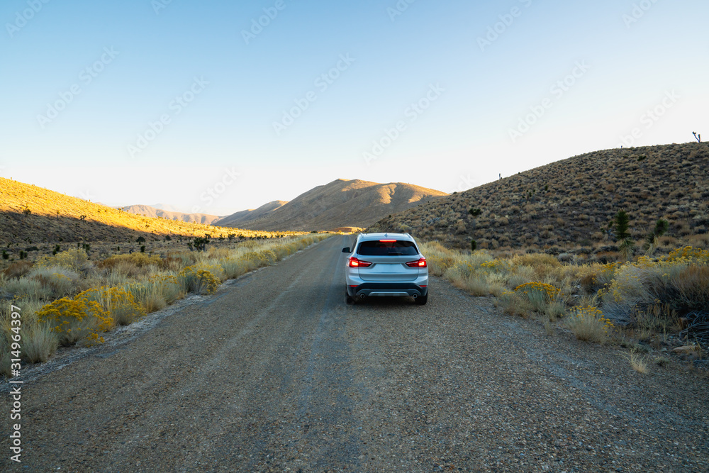 Car in desert. Death Valley National Park road trip