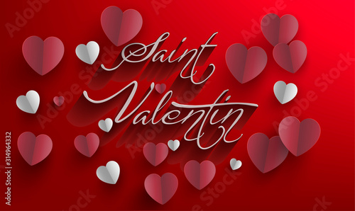 Carte invitation célébration Saint valentin - valentine's day - avec coeur rouge et blanc papier plier sur fond rouge dégradé
