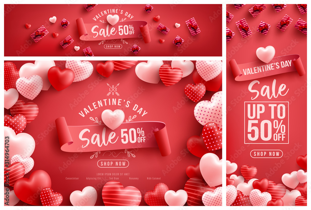 Valentine's Day Sale 50% off Poster or banner with many sweet hearts and sweet gifts on red background.Promotion and shopping template or background for Love and Valentine's day concept