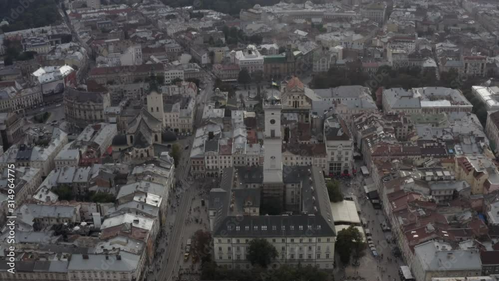 Aerial view from above on the main square of the city Lviv. Ukraine historical old city view from the sky. Main square of the city. Top view of the buildings.