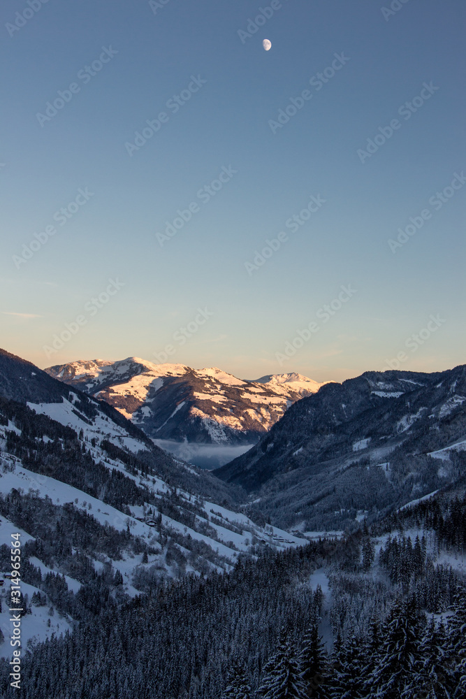 Snowy mountains sunset landscape mountainscape moonrise moon valley view