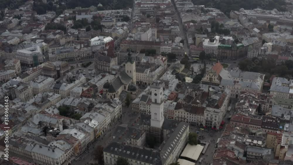 Aerial view from above on the main square of the city Lviv. Ukraine historical old city view from the sky. Main square of the city. Top view of the buildings. Aerial view from above on the main square of the city Lviv. Ukraine historical old city view from the sky. Main square of the city. Top view of the buildings.