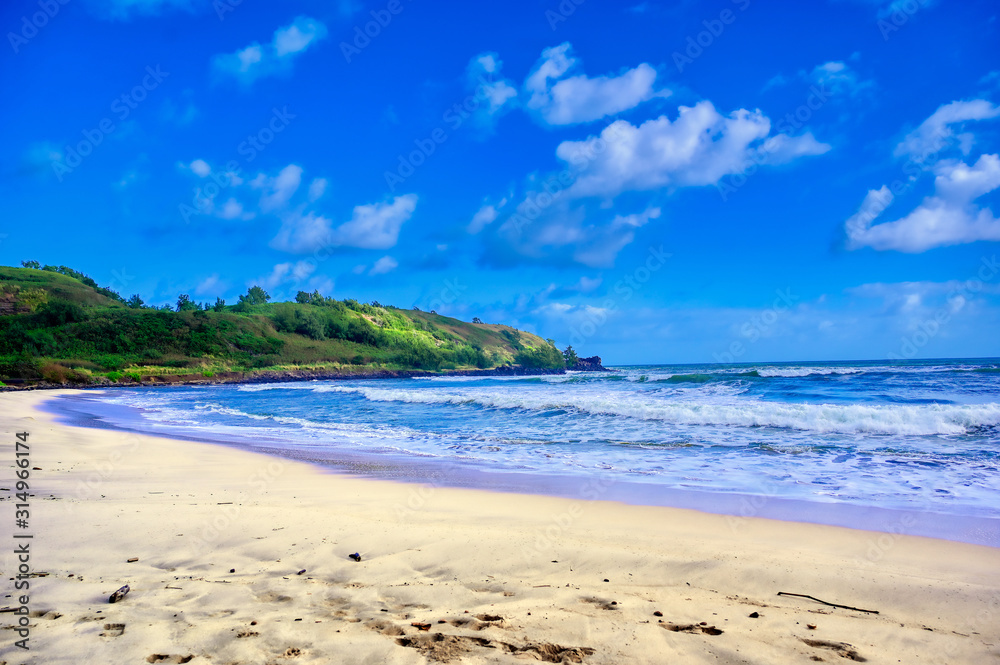 The beach along the coast of Kauai, Hawaii.