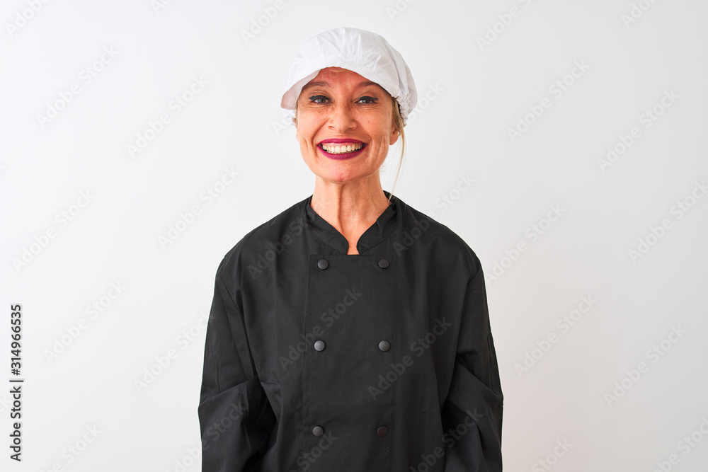Middle age chef woman wearing uniform and cap standing over isolated white background with a happy and cool smile on face. Lucky person. Middle age chef woman wearing uniform and cap standing over isolated white background with a happy and cool smile on face. Lucky person.