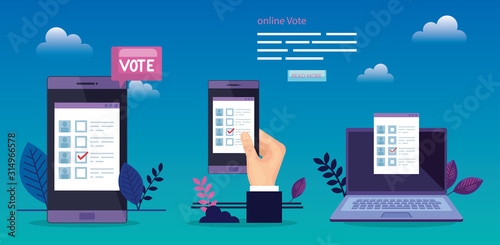 poster of vote with hand and devices electronics vector illustration design