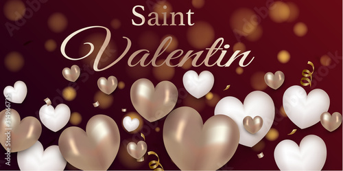 Carte invitation célébration Saint valentin - valentine's day - avec coeur or et blanc en relief sur fond rouge dégradé écriture or dégradée et bokeh