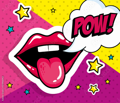 sexy mouth with tongue out and pow expression pop art style vector illustration design